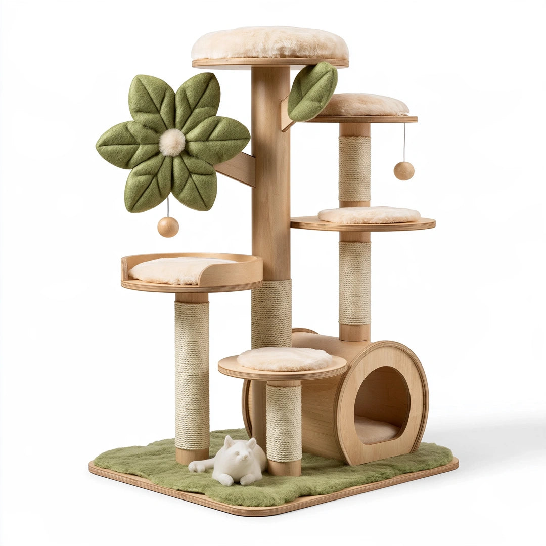 Katzenkratzbaum 90 x 60 x 160 cm Holz Sisal Beige Grün mit Liegeflächen und Katzenhöhle