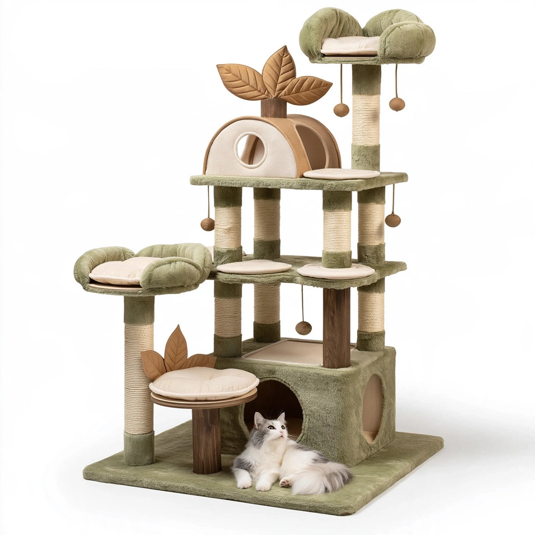 Katzenkratzbaum 70 x 60 x 170 cm Grün Beige mit Sisalstämmen und Liegeflächen