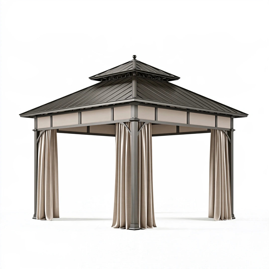 Gartenpavillon 300 x 300 cm Metall Anthrazit Beige mit Vorhängen Doppeldach