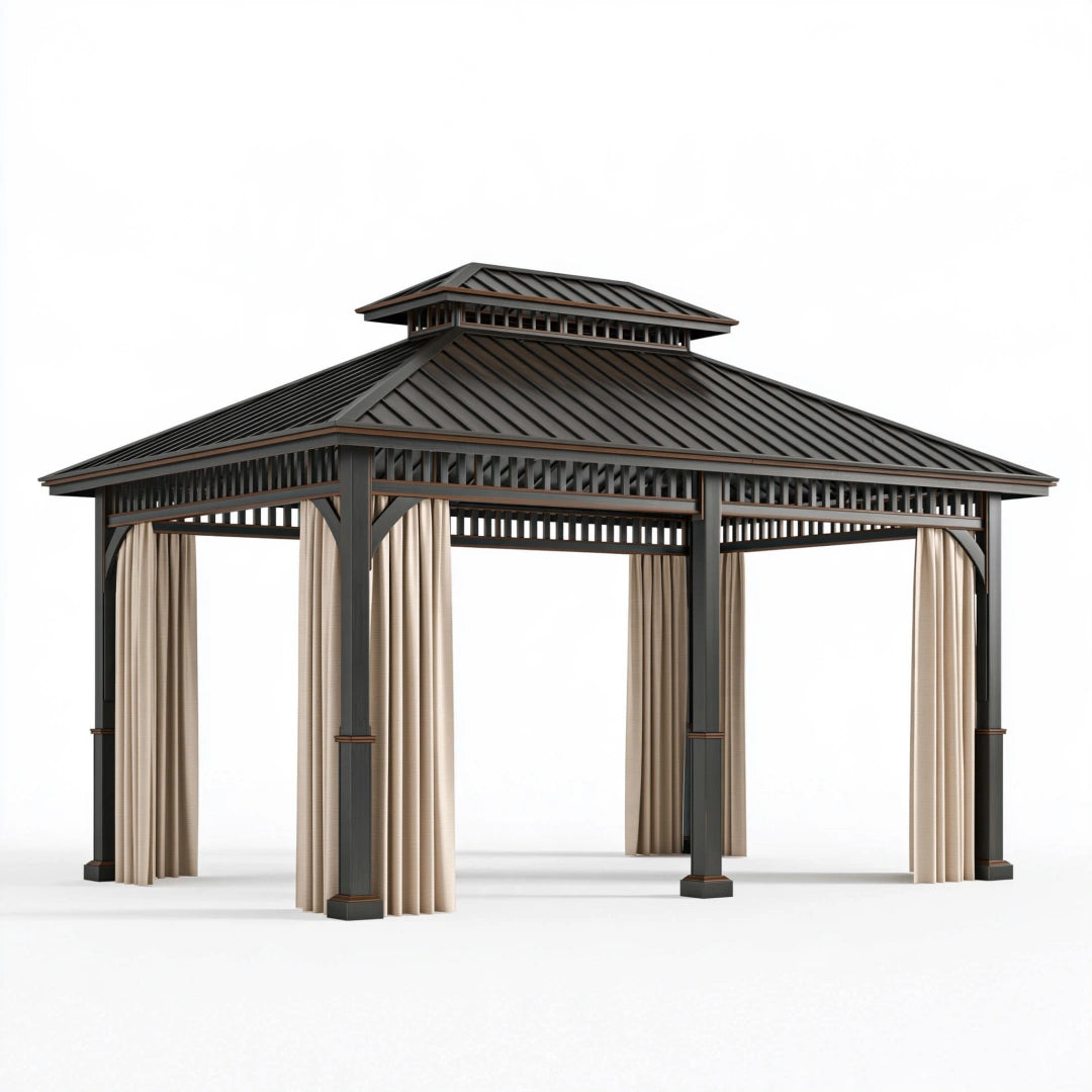 Gartenpavillon 400 x 300 x 300 cm aus Metall Schwarz mit Beige Vorhängen