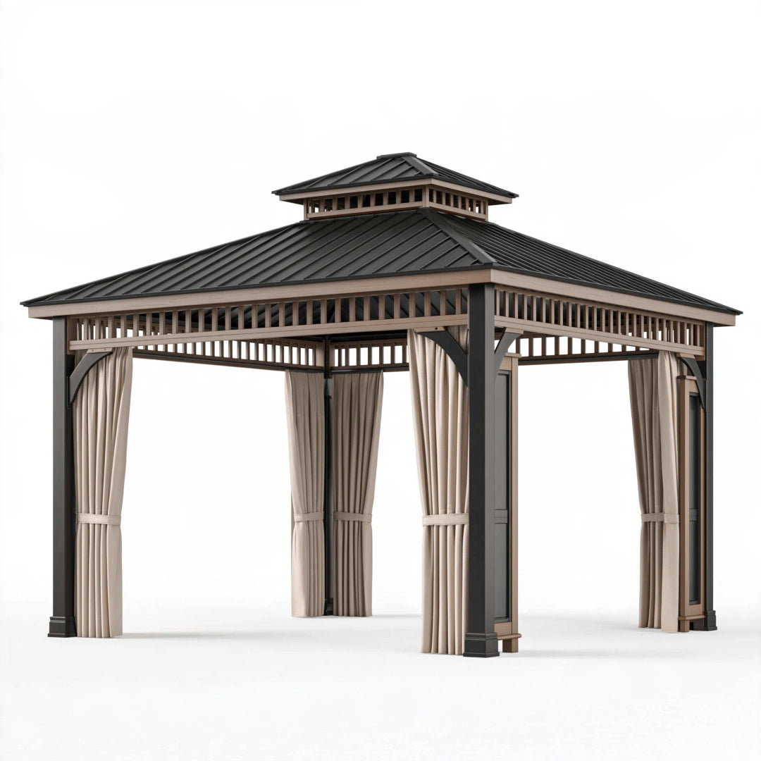 Gartenpavillon 300 x 300 x 300 cm Metall Beige Anthrazit mit Vorhängen