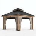 Pavillon 400 x 400 cm Holz Metall Beige Schwarz mit Vorhängen für Garten
