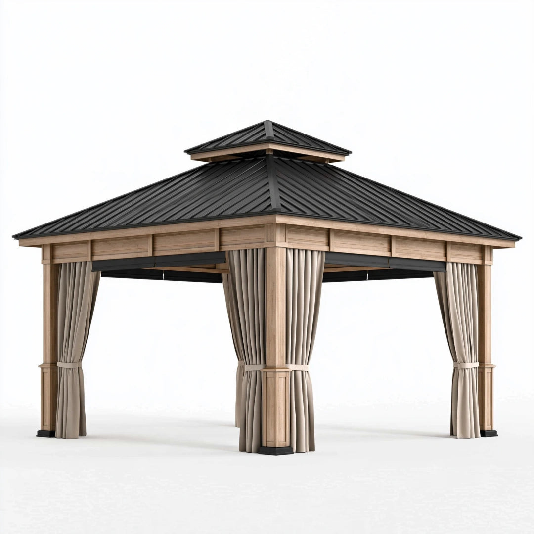 Pavillon 400 x 400 cm Holz Metall Beige Schwarz mit Vorhängen für Garten