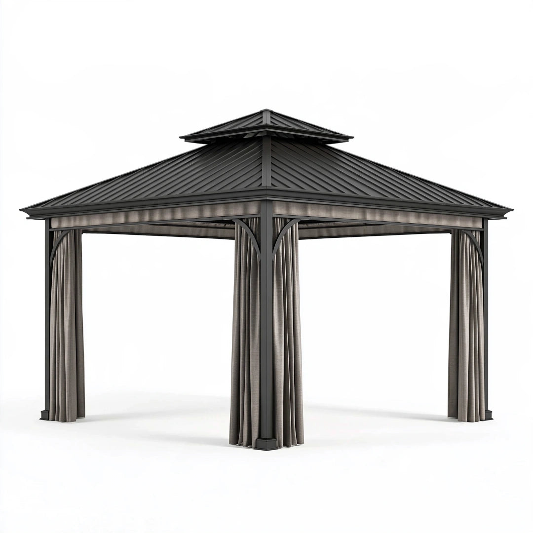 Gartenpavillon 300 x 300 cm aus Stahl in Anthrazit mit Vorhängen - moderner Sonnenschutz