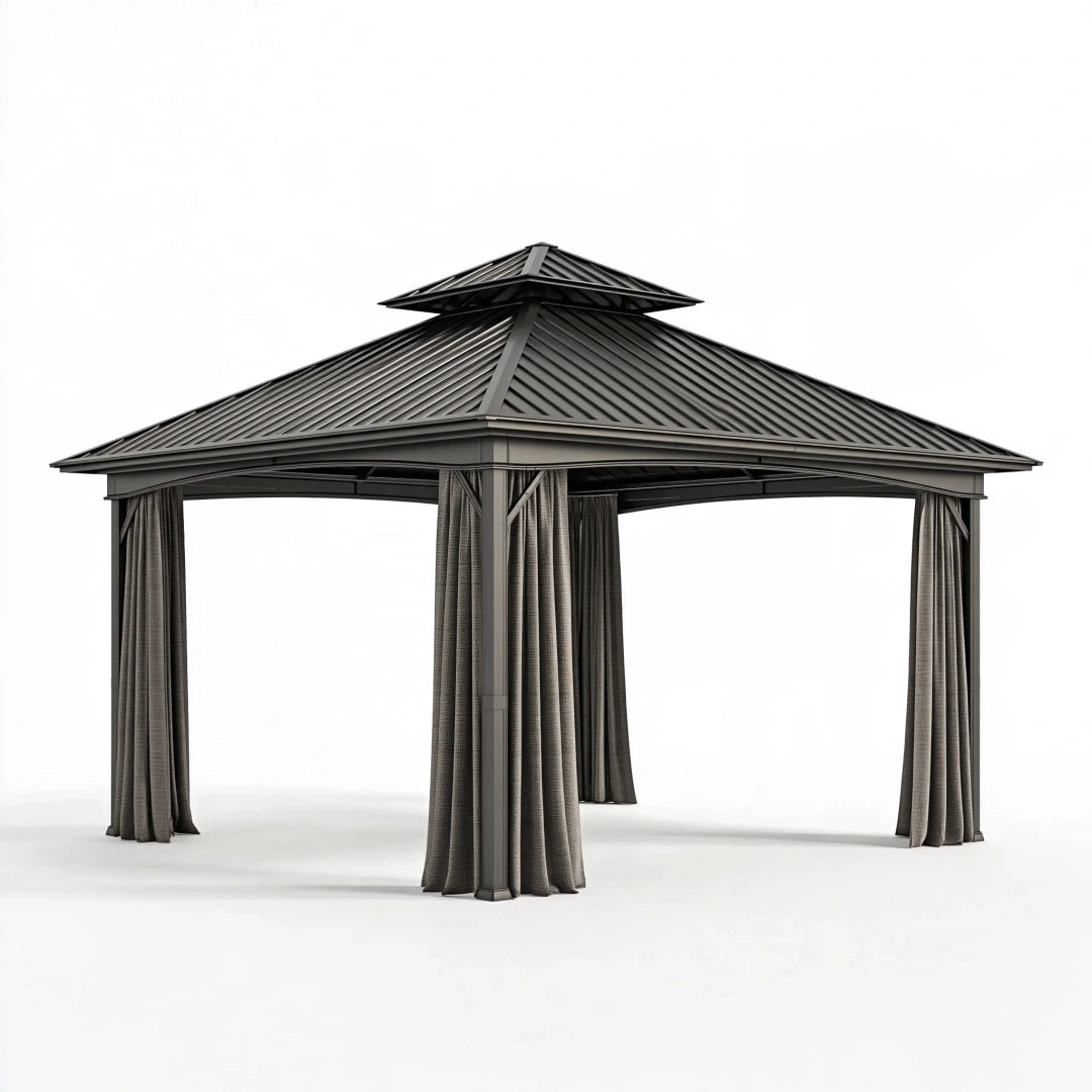 Pavillon 300 x 300 x 300 cm Stahl Dunkelgrau mit Vorhängen für Garten moderner Stil