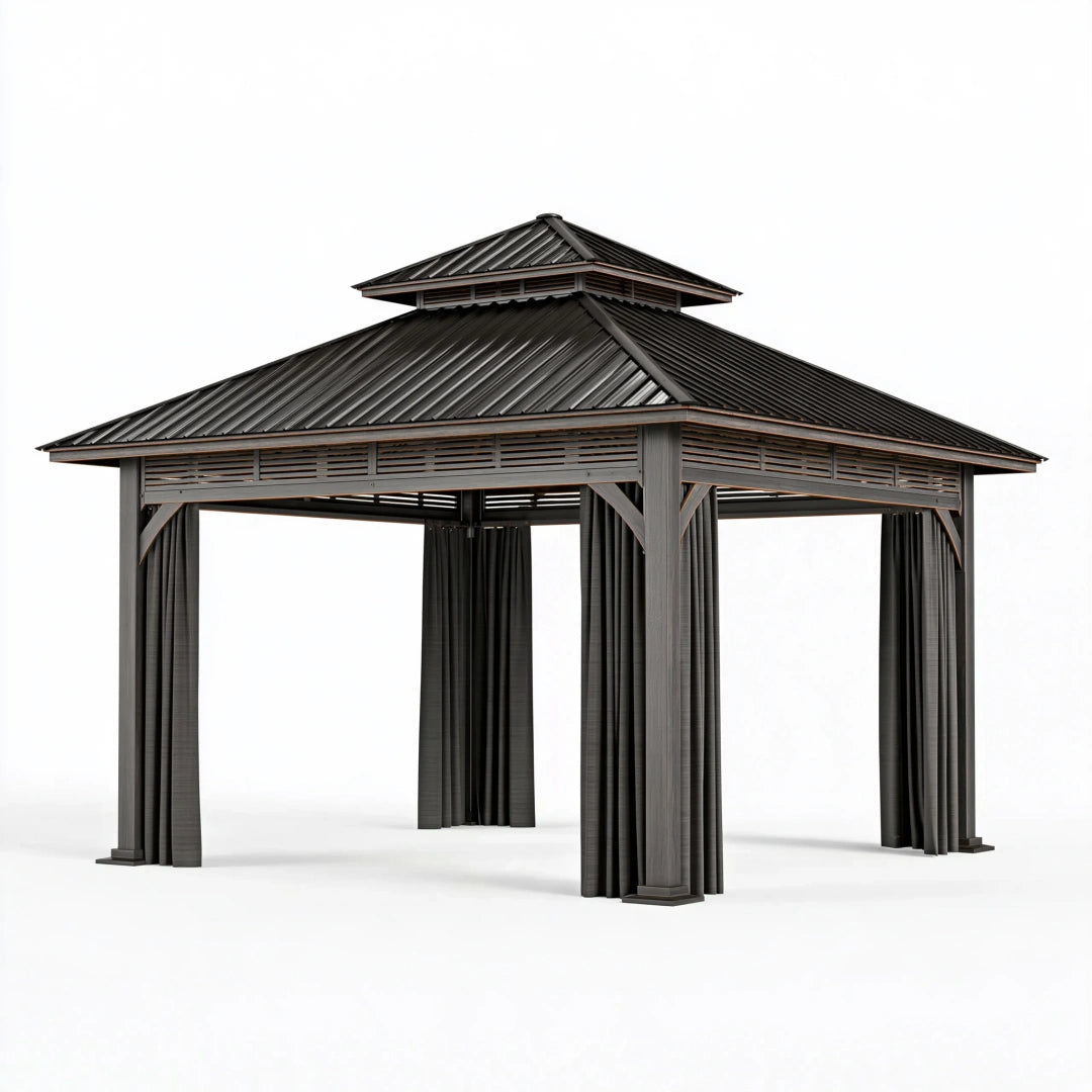 Gartenpavillon 300 x 300 x 300 cm aus Metall in Anthrazit mit Vorhängen