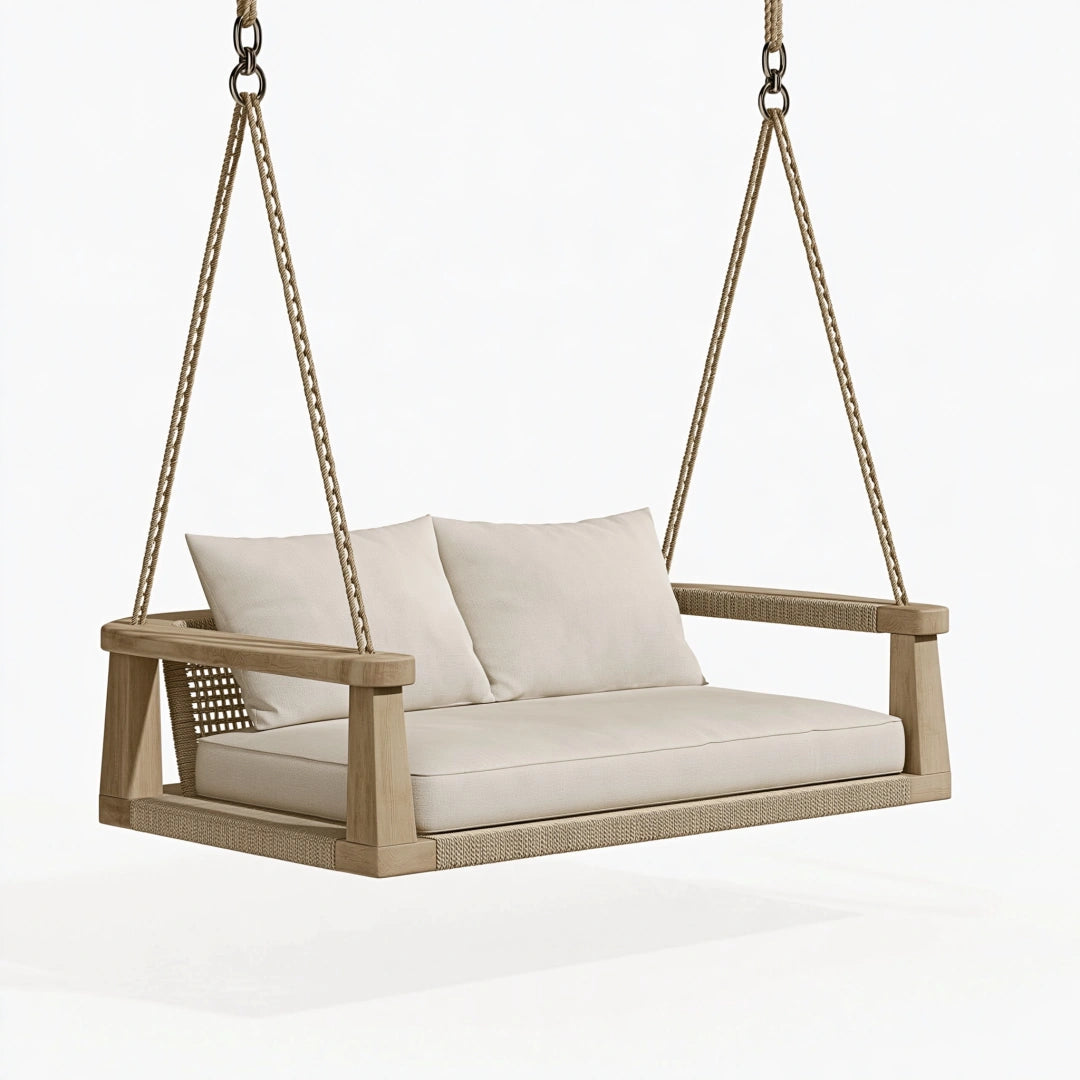 Hängesofa 150 cm aus Naturholz Beige mit Seilaufhängung für den Außenbereich