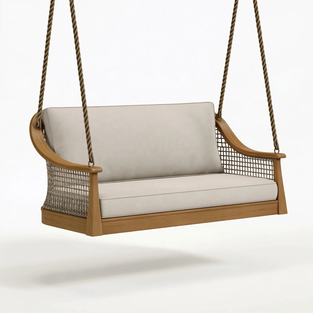 Hängesofa 150 x 75 x 65 cm aus Holz in Naturholz Beige mit Seilaufhängung im Boho-Stil