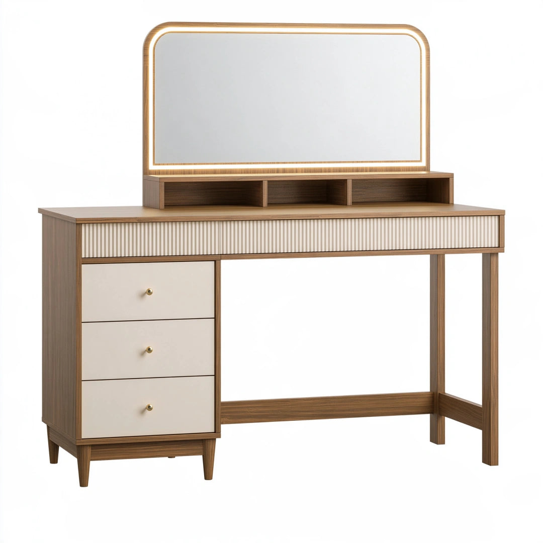 Schminktisch 120 x 50 x 150 cm Holzwerkstoff Beige/Walnuss mit beleuchtetem Spiegel und Schubladen Mid-Century-Stil