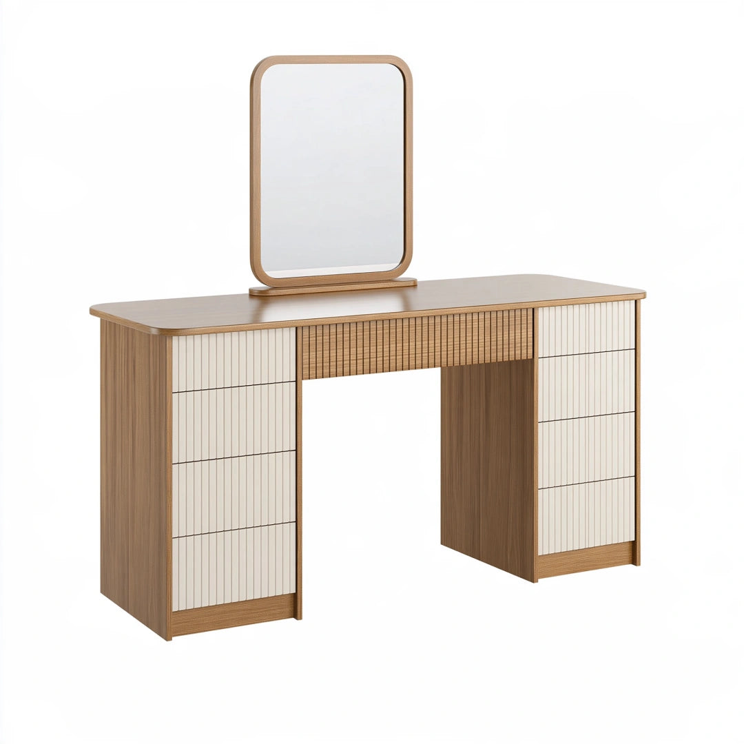 Schminktisch-Set 120 x 40 x 140 cm in Naturbraun Cremeweiß aus Holzwerkstoff mit Spiegel und Schubladen