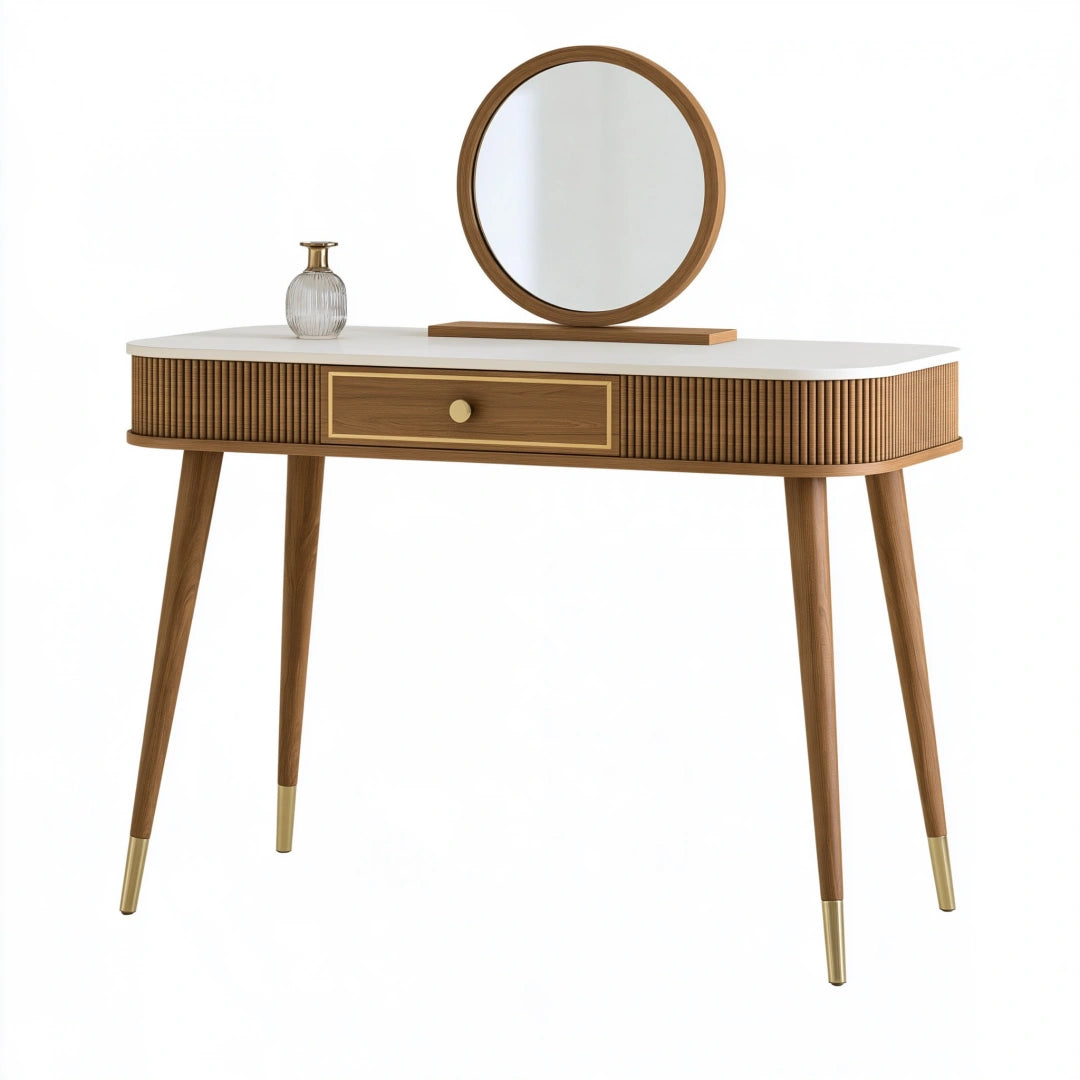 Schminktisch 120 x 45 x 140 cm Holzoptik Weiß mit rundem Spiegel und Schublade