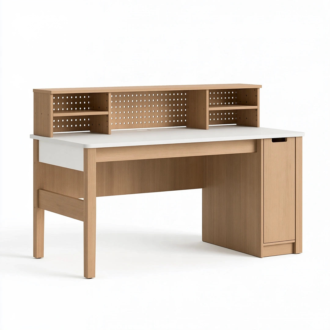 Moderner Schreibtisch 120 x 60 x 120 cm aus Holzwerkstoff in Natur und Weiß mit Stauraum