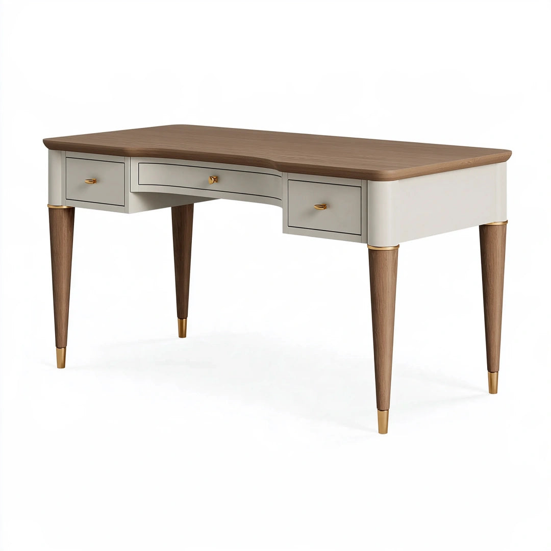 Schreibtisch 140 x 60 x 76 cm in Walnuss Creme aus Holzwerkstoff mit 3 Schubladen im modernen Stil