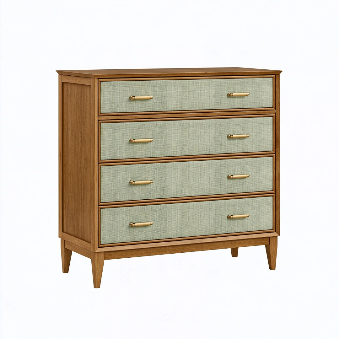 Kommode 90 x 45 x 110 cm aus Holz in Braun und Grün mit vier Schubladen im Mid-Century-Stil