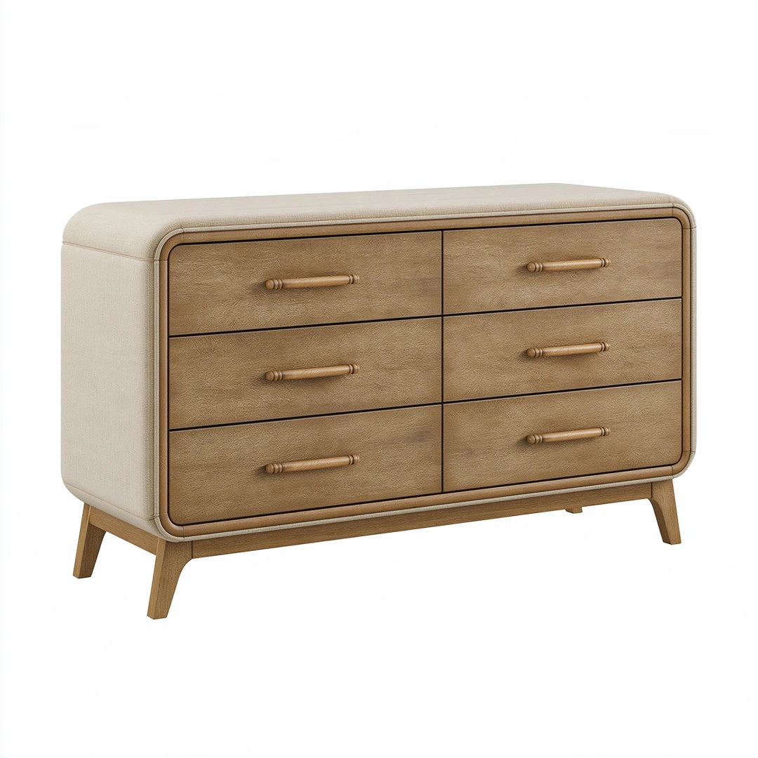 Kommode 140 x 45 x 85 cm Holz und Kunstleder Braun Beige mit sechs Schubladen Mid Century Stil