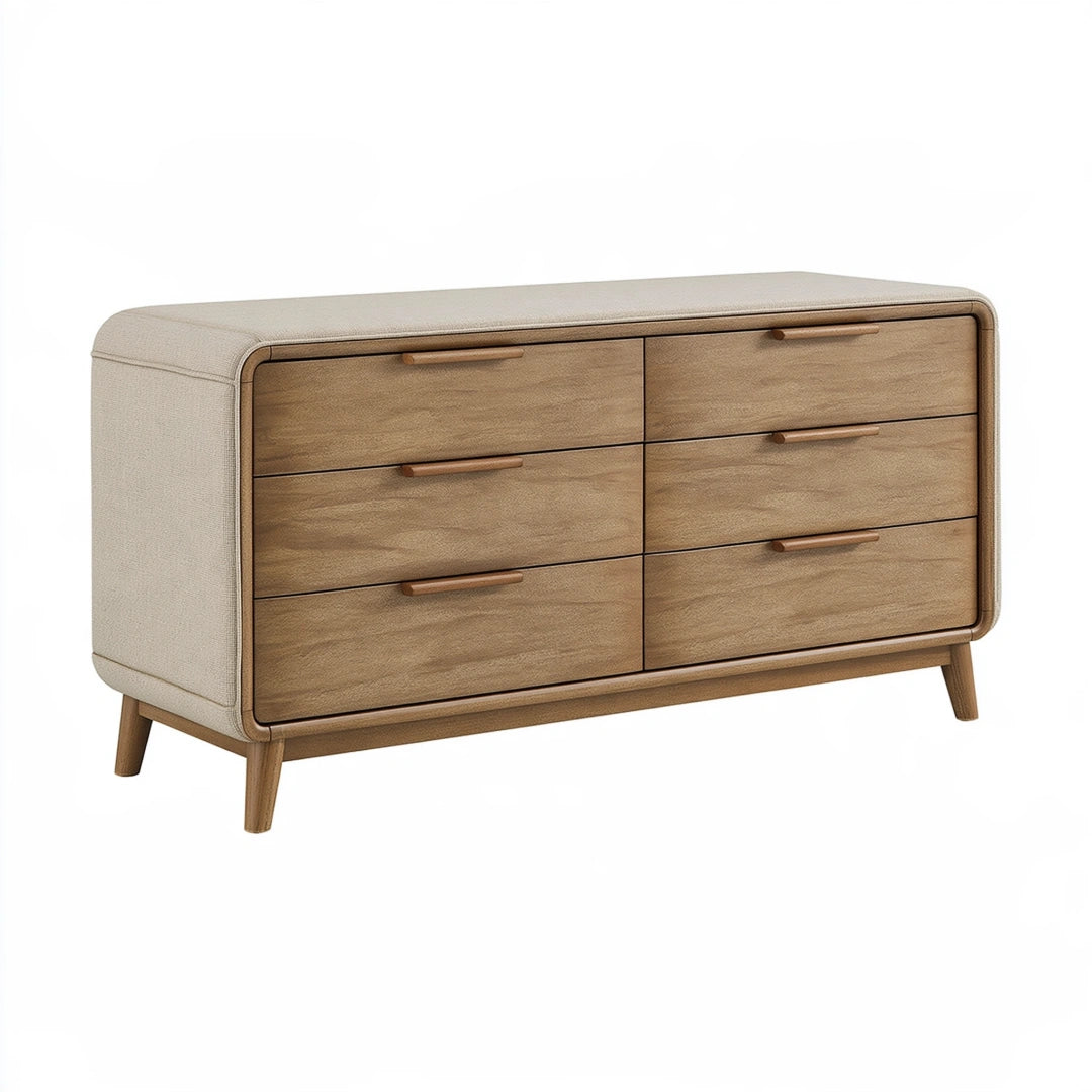 Kommode 150 x 45 x 85 cm aus Holz und Textil in Naturbeige - 6 Schubladen im skandinavischen Stil