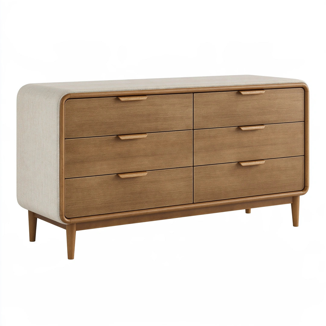 Kommode 160 x 45 x 85 cm Holz/Textil Beige/Natur - 6 Schubladen im Retro-Stil