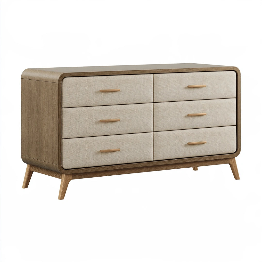 Kommode 140 x 45 x 80 cm in Braun Beige mit Holz und Stofffronten - skandinavischer Stil mit 6 Schubladen